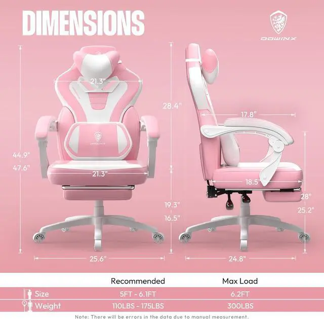 Alt view image 3 of 7 - Dowinx Gaming Chair with Footrest, Big and Tall Gaming Chair for Heavy People, Computer/PC Gamer Chair for Adult with Massage (Pink)