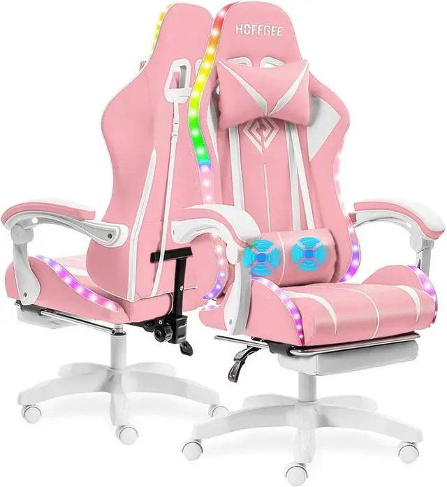 Main image of HOFFREE Gaming Chair with LED RGB Lights with Massage and Footrest Ergonomic Computer Chair High Back Video Game Chair with Adjustable Lumbar Support Linkage Armrest Pink and White