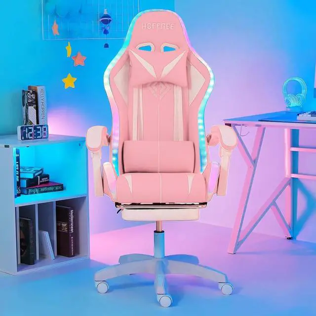 Alt view image 2 of 7 - HOFFREE Gaming Chair with LED RGB Lights with Massage and Footrest Ergonomic Computer Chair High Back Video Game Chair with Adjustable Lumbar Support Linkage Armrest Pink and White
