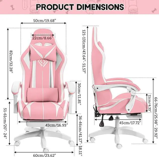 Alt view image 3 of 7 - HOFFREE Gaming Chair with LED RGB Lights with Massage and Footrest Ergonomic Computer Chair High Back Video Game Chair with Adjustable Lumbar Support Linkage Armrest Pink and White