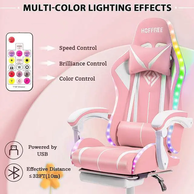Alt view image 4 of 7 - HOFFREE Gaming Chair with LED RGB Lights with Massage and Footrest Ergonomic Computer Chair High Back Video Game Chair with Adjustable Lumbar Support Linkage Armrest Pink and White