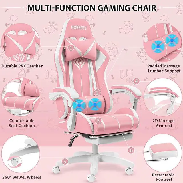 Alt view image 5 of 7 - HOFFREE Gaming Chair with LED RGB Lights with Massage and Footrest Ergonomic Computer Chair High Back Video Game Chair with Adjustable Lumbar Support Linkage Armrest Pink and White