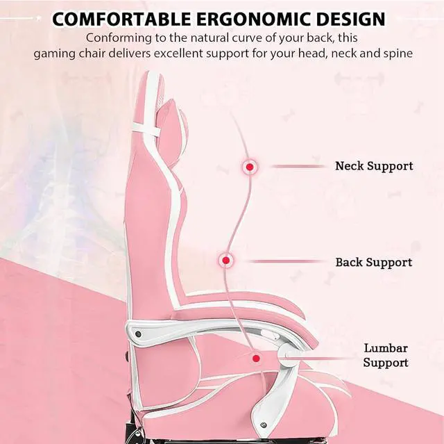 Alt view image 6 of 7 - HOFFREE Gaming Chair with LED RGB Lights with Massage and Footrest Ergonomic Computer Chair High Back Video Game Chair with Adjustable Lumbar Support Linkage Armrest Pink and White