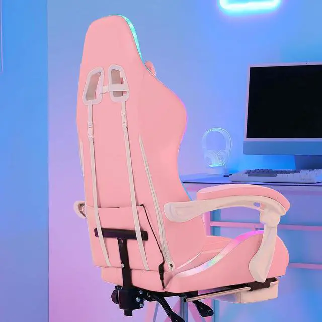 Alt view image 7 of 7 - HOFFREE Gaming Chair with LED RGB Lights with Massage and Footrest Ergonomic Computer Chair High Back Video Game Chair with Adjustable Lumbar Support Linkage Armrest Pink and White