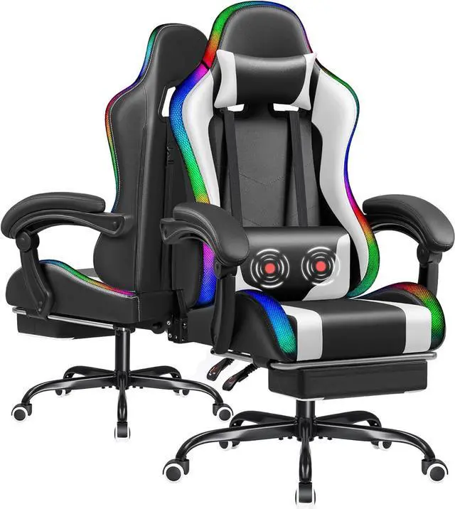Main image of Furmax Gaming Chair with RGB LED Lights, Video Game Chair with Footrest and Massage Lumbar Support, High Back Reclining Computer Chair with Headrest, Swivel Seat Gamer Chair (LED White)