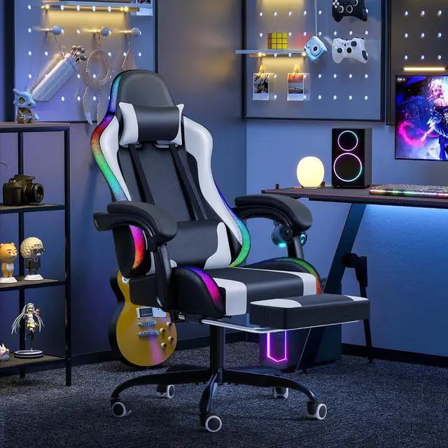 Alt view image 2 of 7 - Furmax Gaming Chair with RGB LED Lights, Video Game Chair with Footrest and Massage Lumbar Support, High Back Reclining Computer Chair with Headrest, Swivel Seat Gamer Chair (LED White)