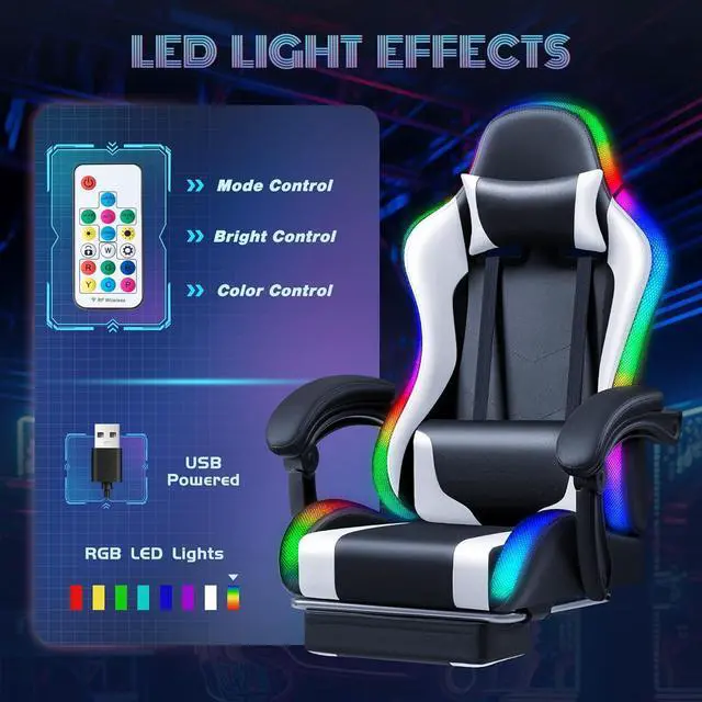 Alt view image 4 of 7 - Furmax Gaming Chair with RGB LED Lights, Video Game Chair with Footrest and Massage Lumbar Support, High Back Reclining Computer Chair with Headrest, Swivel Seat Gamer Chair (LED White)
