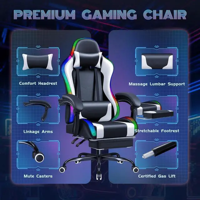 Alt view image 5 of 7 - Furmax Gaming Chair with RGB LED Lights, Video Game Chair with Footrest and Massage Lumbar Support, High Back Reclining Computer Chair with Headrest, Swivel Seat Gamer Chair (LED White)