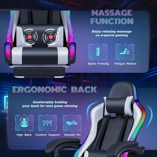 Alt view image 7 of 7 - Furmax Gaming Chair with RGB LED Lights, Video Game Chair with Footrest and Massage Lumbar Support, High Back Reclining Computer Chair with Headrest, Swivel Seat Gamer Chair (LED White)