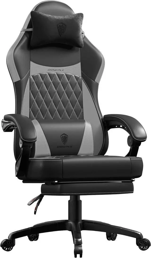 Main image of Dowinx Gaming Chair with Pocket Spring Cushion, Ergonomic Computer Chair with Massage Lumbar and Footrest for Adults, High Back Game Chair Leather for Office Gaming 300LBS, Grey New
