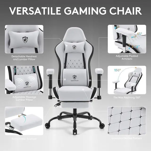 Alt view image 4 of 7 - Gaming Chair Breathable Fabric,Computer Office Chair with Footrest,Massage Lumbar Support and Gel Pad,Ergonomic Reclining Gamer Chair with Adjustable Armrests and Spring Cushion Grey Black