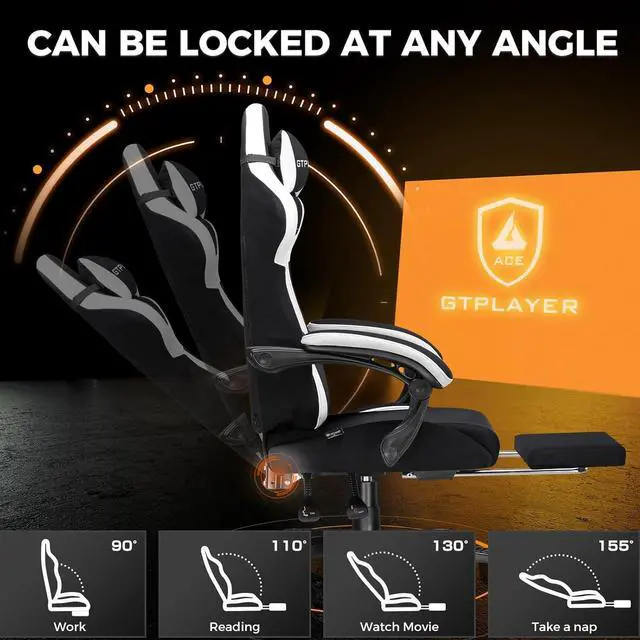 Alt view image 7 of 7 - GTPLAYER Gaming Chair Fabric with Footrest, Big and Tall Game Chair High Back Computer Office Chair with Lumbar Support for Adults, Ergonomic Swivel Games Chair with Cushion Gaming Black