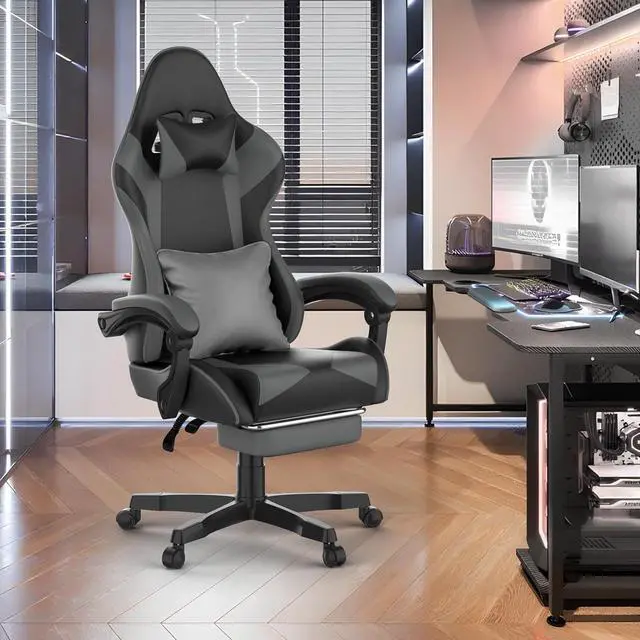 Alt view image 2 of 7 - Soontrans Grey Gaming Chairs with Large Mouse Pad, Ergonomic Computer Office Chair with Lumbar Cushion, Reclining PU Leather Gamer Chair with Footrest for Adults, High Back Video Game Chair