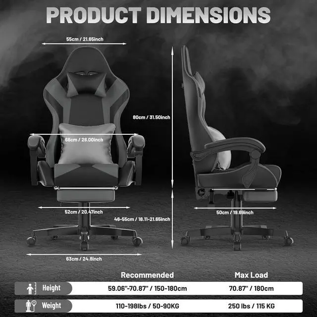 Alt view image 3 of 7 - Soontrans Grey Gaming Chairs with Large Mouse Pad, Ergonomic Computer Office Chair with Lumbar Cushion, Reclining PU Leather Gamer Chair with Footrest for Adults, High Back Video Game Chair