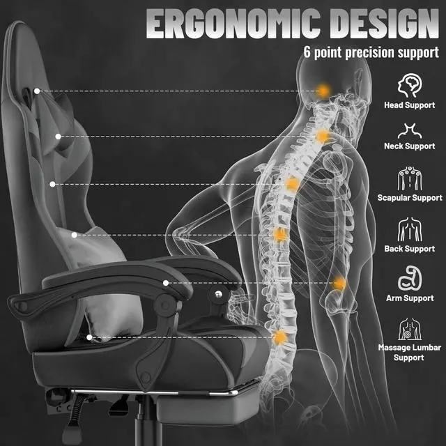 Alt view image 4 of 7 - Soontrans Grey Gaming Chairs with Large Mouse Pad, Ergonomic Computer Office Chair with Lumbar Cushion, Reclining PU Leather Gamer Chair with Footrest for Adults, High Back Video Game Chair