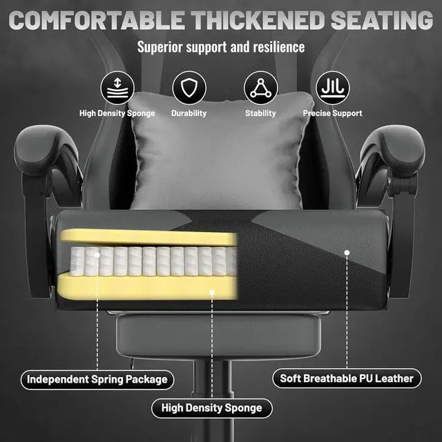 Alt view image 6 of 7 - Soontrans Grey Gaming Chairs with Large Mouse Pad, Ergonomic Computer Office Chair with Lumbar Cushion, Reclining PU Leather Gamer Chair with Footrest for Adults, High Back Video Game Chair
