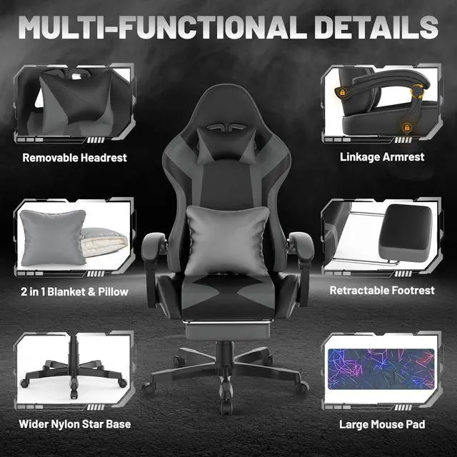 Alt view image 5 of 7 - Soontrans Grey Gaming Chairs with Large Mouse Pad, Ergonomic Computer Office Chair with Lumbar Cushion, Reclining PU Leather Gamer Chair with Footrest for Adults, High Back Video Game Chair