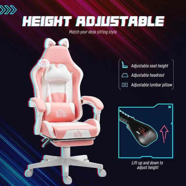 Alt view image 5 of 7 - HOMCOM Racing Gaming Chair with Cat Ears, Reclining Faux Leather Computer Chair with Footrest, Lumbar Support and Headrest, Height Adjustable Gamer Chair with Swivel Seat and Wheels, Pink