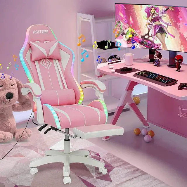 Alt view image 2 of 7 - HOFFREE Pink Gaming Chair with Bluetooth Speakers and LED RGB Lights Cute Ergonomic Massage Computer Gaming Chair with Footrest High Back Video Game Chair with Lumbar Support Pink and White
