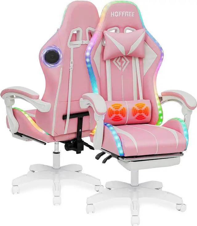 Main image of HOFFREE Pink Gaming Chair with Bluetooth Speakers and LED RGB Lights Cute Ergonomic Massage Computer Gaming Chair with Footrest High Back Video Game Chair with Lumbar Support Pink and White