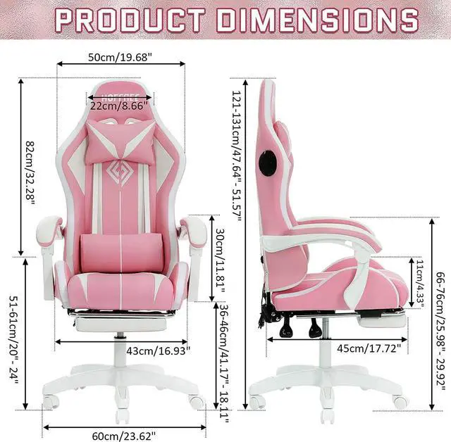 Alt view image 3 of 7 - HOFFREE Pink Gaming Chair with Bluetooth Speakers and LED RGB Lights Cute Ergonomic Massage Computer Gaming Chair with Footrest High Back Video Game Chair with Lumbar Support Pink and White