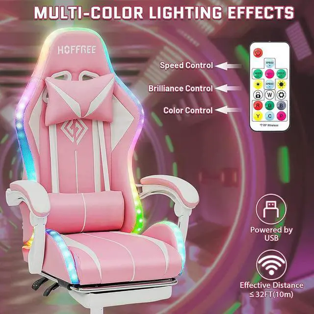Alt view image 4 of 7 - HOFFREE Pink Gaming Chair with Bluetooth Speakers and LED RGB Lights Cute Ergonomic Massage Computer Gaming Chair with Footrest High Back Video Game Chair with Lumbar Support Pink and White