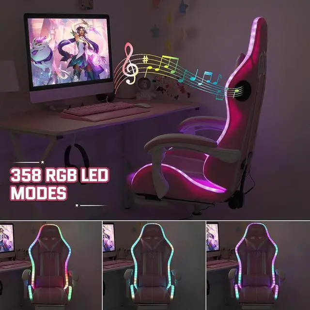 Alt view image 6 of 7 - HOFFREE Pink Gaming Chair with Bluetooth Speakers and LED RGB Lights Cute Ergonomic Massage Computer Gaming Chair with Footrest High Back Video Game Chair with Lumbar Support Pink and White