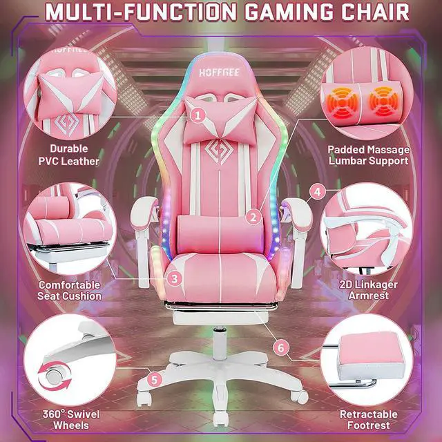 Alt view image 7 of 7 - HOFFREE Pink Gaming Chair with Bluetooth Speakers and LED RGB Lights Cute Ergonomic Massage Computer Gaming Chair with Footrest High Back Video Game Chair with Lumbar Support Pink and White