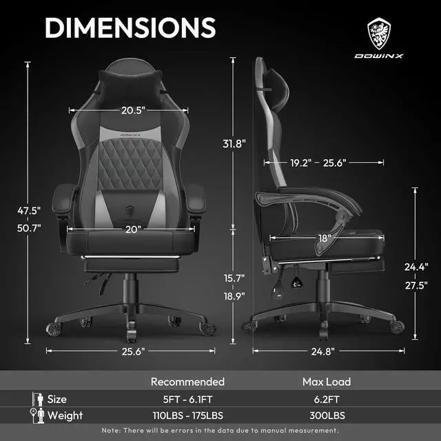 Alt view image 3 of 7 - Dowinx Gaming Chair with Pocket Spring Cushion, Ergonomic Computer Chair with Massage Lumbar and Footrest for Adults, High Back Game Chair Leather for Office Gaming 300LBS, Grey New