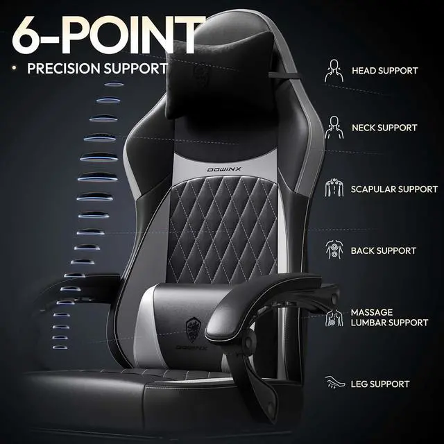 Alt view image 6 of 7 - Dowinx Gaming Chair with Pocket Spring Cushion, Ergonomic Computer Chair with Massage Lumbar and Footrest for Adults, High Back Game Chair Leather for Office Gaming 300LBS, Grey New