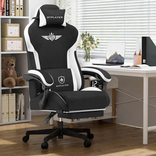 Alt view image 2 of 7 - GTPLAYER Gaming Chair Fabric with Footrest, Big and Tall Game Chair High Back Computer Office Chair with Lumbar Support for Adults, Ergonomic Swivel Games Chair with Cushion Gaming Black