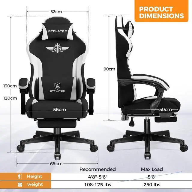 Alt view image 3 of 7 - GTPLAYER Gaming Chair Fabric with Footrest, Big and Tall Game Chair High Back Computer Office Chair with Lumbar Support for Adults, Ergonomic Swivel Games Chair with Cushion Gaming Black