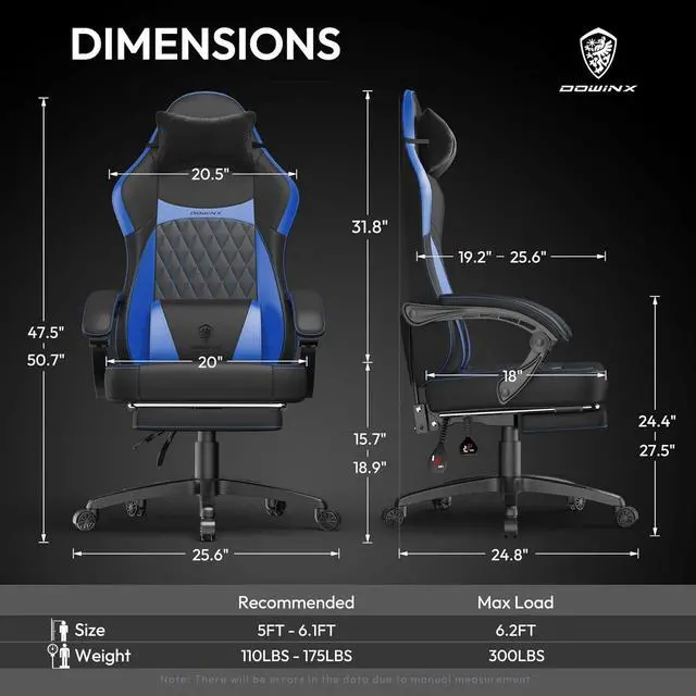 Alt view image 3 of 7 - Dowinx Gaming Chair with Pocket Spring Cushion, Ergonomic Computer Chair with Massage Lumbar and Footrest for Adults, High Back Game Chair Leather for Office Gaming 300LBS, Blue New