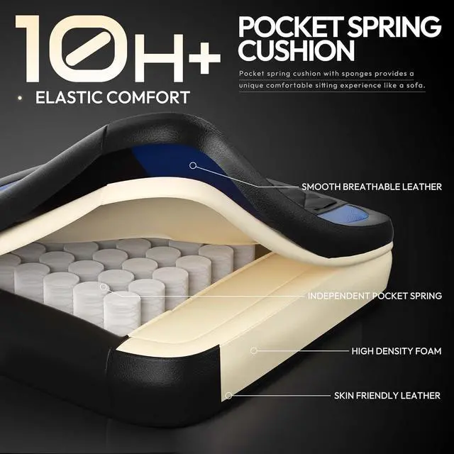 Alt view image 4 of 7 - Dowinx Gaming Chair with Pocket Spring Cushion, Ergonomic Computer Chair with Massage Lumbar and Footrest for Adults, High Back Game Chair Leather for Office Gaming 300LBS, Blue New