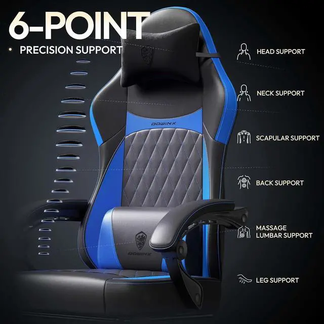 Alt view image 6 of 7 - Dowinx Gaming Chair with Pocket Spring Cushion, Ergonomic Computer Chair with Massage Lumbar and Footrest for Adults, High Back Game Chair Leather for Office Gaming 300LBS, Blue New