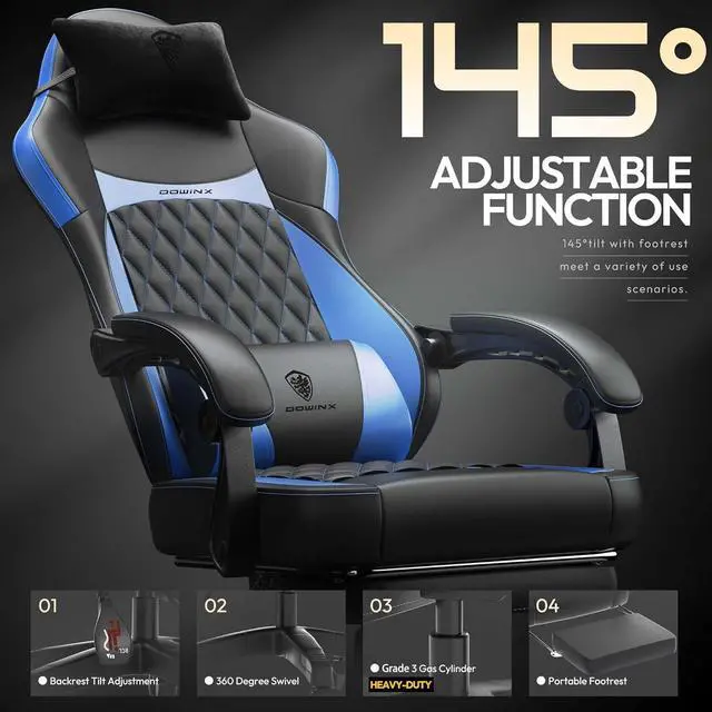 Alt view image 7 of 7 - Dowinx Gaming Chair with Pocket Spring Cushion, Ergonomic Computer Chair with Massage Lumbar and Footrest for Adults, High Back Game Chair Leather for Office Gaming 300LBS, Blue New