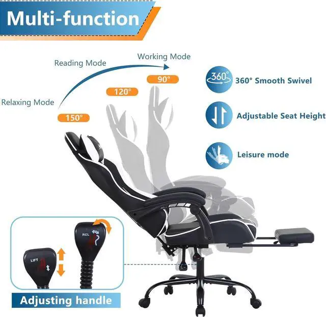 Alt view image 4 of 7 - PayLessHere Ergonomic Racing Desk Chair Computer Chair Gaming Chair with Footrest Lumbar Support Headrest Armrest Task Rolling Swivel Ergonomic E-Sports Adjustable PC Gamer Chair, White