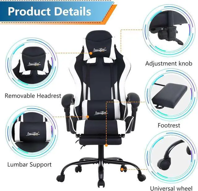 Alt view image 6 of 7 - PayLessHere Ergonomic Racing Desk Chair Computer Chair Gaming Chair with Footrest Lumbar Support Headrest Armrest Task Rolling Swivel Ergonomic E-Sports Adjustable PC Gamer Chair, White