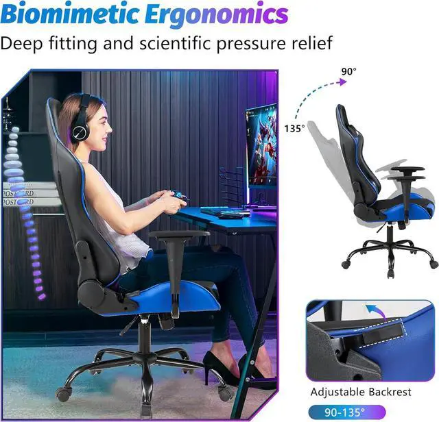Alt view image 4 of 7 - PayLessHere Gaming Chair Ergonomic Office Chair with Lumbar Support Headrest Armrests Rolling Swivel Functionality and Adjustable Features for PC Gamer (Blue)