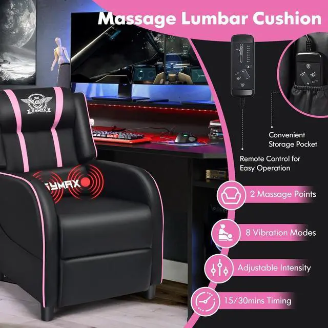 Alt view image 4 of 7 - GYMAX Gaming Recliner, Massage Gaming Chair w/Adjustable Footrest, Remote Control & Side Pocket, Ergonomic Game Lounge Chair, Racing Style Single Theater Seat Game Sofa for Adults (Pink)