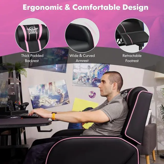 Alt view image 6 of 7 - GYMAX Gaming Recliner, Massage Gaming Chair w/Adjustable Footrest, Remote Control & Side Pocket, Ergonomic Game Lounge Chair, Racing Style Single Theater Seat Game Sofa for Adults (Pink)