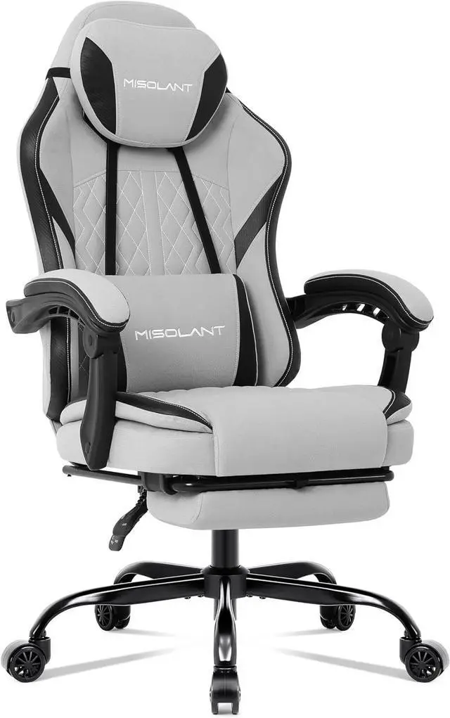 Main image of Misolant Gaming Chair, Fabric Gamer Chair with footrest for Adults, High Back Ergonomic Computer Game Chair with Adjustable Headrest and Massage Lumbar Support, 90-155° Recline Free, Gray
