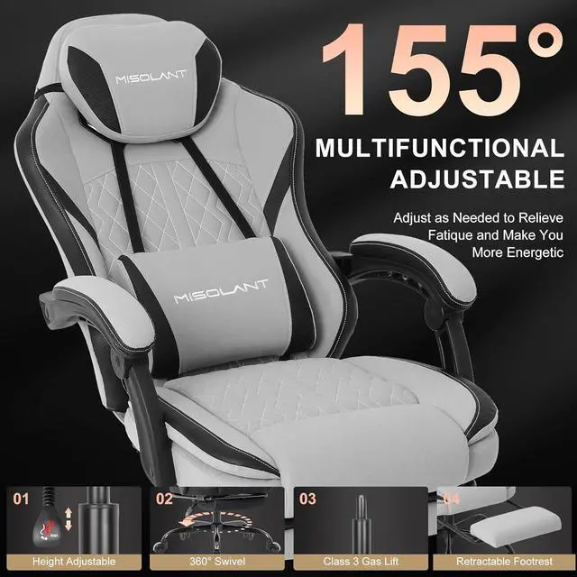 Alt view image 4 of 6 - Misolant Gaming Chair, Fabric Gamer Chair with footrest for Adults, High Back Ergonomic Computer Game Chair with Adjustable Headrest and Massage Lumbar Support, 90-155° Recline Free, Gray