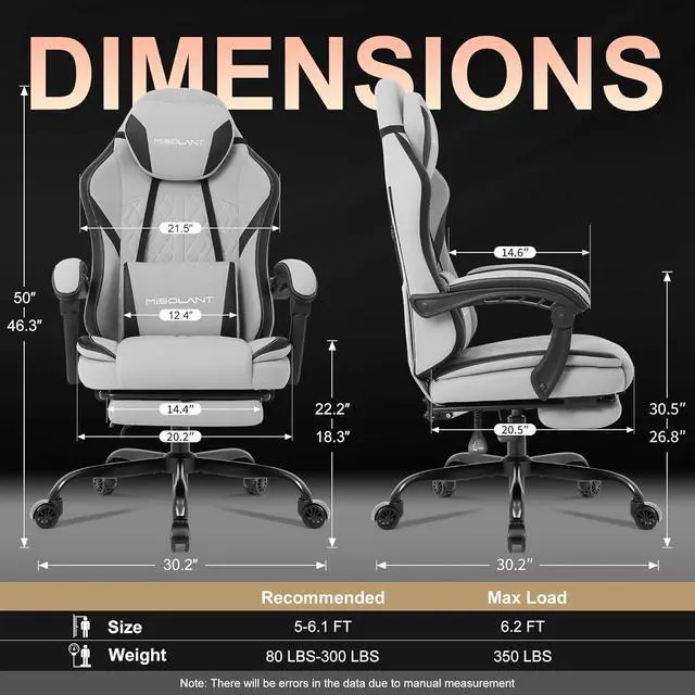 Alt view image 3 of 6 - Misolant Gaming Chair, Fabric Gamer Chair with footrest for Adults, High Back Ergonomic Computer Game Chair with Adjustable Headrest and Massage Lumbar Support, 90-155° Recline Free, Gray