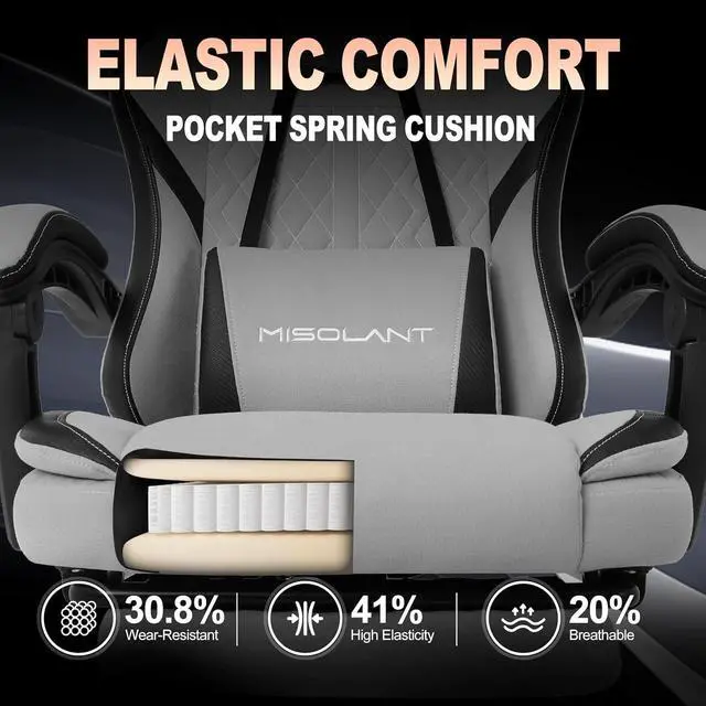 Alt view image 6 of 6 - Misolant Gaming Chair, Fabric Gamer Chair with footrest for Adults, High Back Ergonomic Computer Game Chair with Adjustable Headrest and Massage Lumbar Support, 90-155° Recline Free, Gray