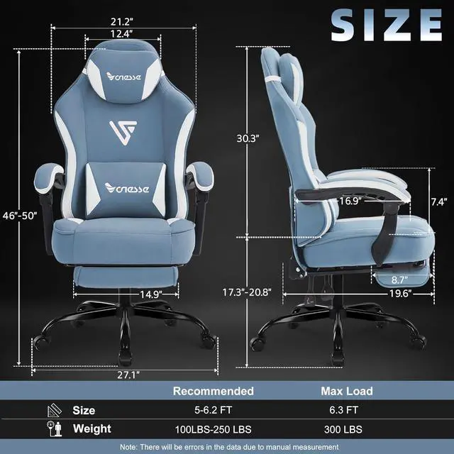 Alt view image 2 of 7 - Vonesse Gaming Chair, Computer Chair Fabric with Pocket Spring Cushion, Office Chair with Footrest and Massage Lumbar Support, Reclining Gaming Chairs for Adults 250LBS (Blue)