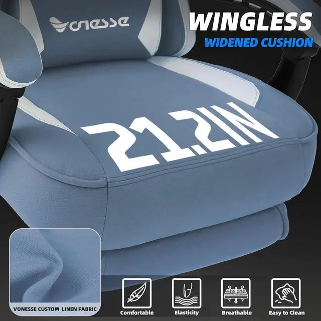 Alt view image 3 of 7 - Vonesse Gaming Chair, Computer Chair Fabric with Pocket Spring Cushion, Office Chair with Footrest and Massage Lumbar Support, Reclining Gaming Chairs for Adults 250LBS (Blue)