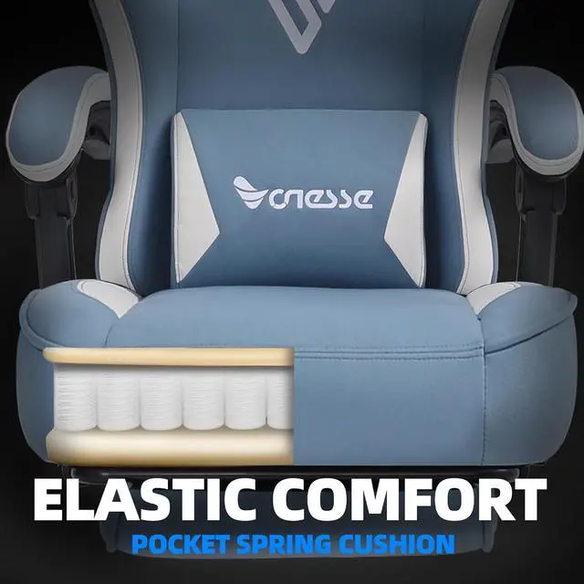 Alt view image 4 of 7 - Vonesse Gaming Chair, Computer Chair Fabric with Pocket Spring Cushion, Office Chair with Footrest and Massage Lumbar Support, Reclining Gaming Chairs for Adults 250LBS (Blue)