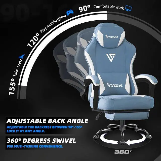 Alt view image 6 of 7 - Vonesse Gaming Chair, Computer Chair Fabric with Pocket Spring Cushion, Office Chair with Footrest and Massage Lumbar Support, Reclining Gaming Chairs for Adults 250LBS (Blue)