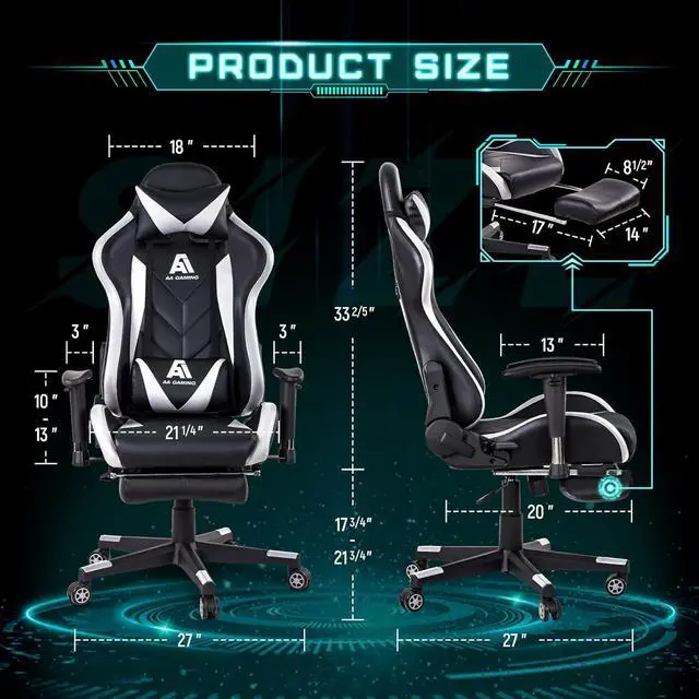 Alt view image 3 of 7 - AA Products Gaming Chair High Back Ergonomic Computer Racing Chair Adjustable Office Chair with Footrest, Lumbar Support Swivel Chair - White